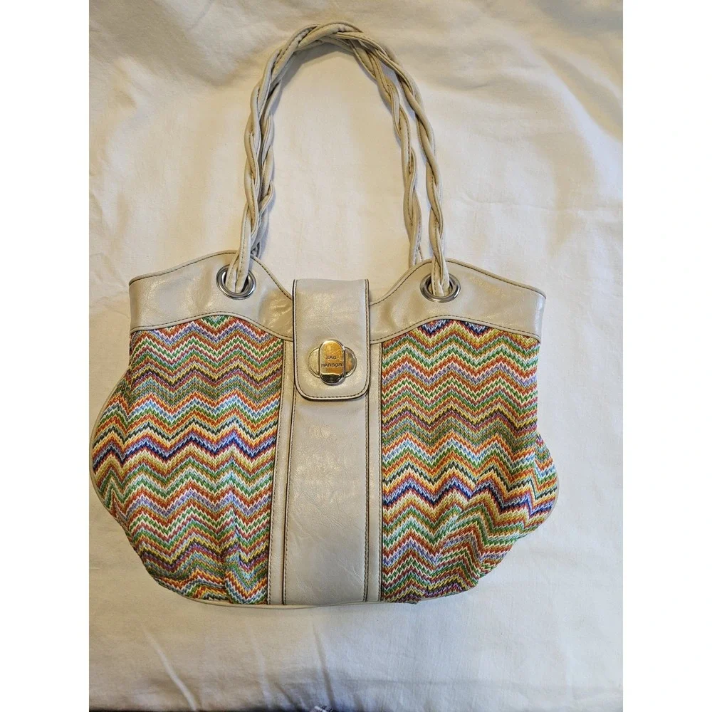 Sag Harbor Rainbow Faux Straw and Leather Shoulder Bag Tote‎ Purse